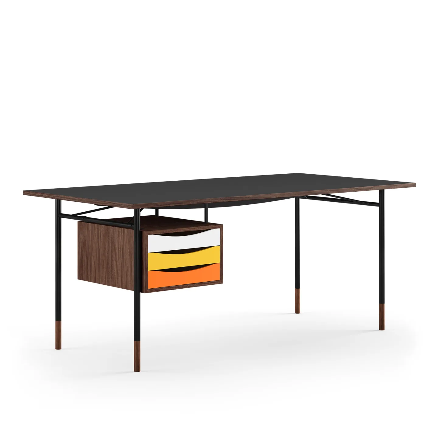 House of Finn Juhl - Nyhavn Desk, 190 cm, with Tray Unit, Walnut Dark Oil, Orange Steel, Warm - Skrivbord - Finn Juhl - Orange,Träfärgad - Metall/Trä