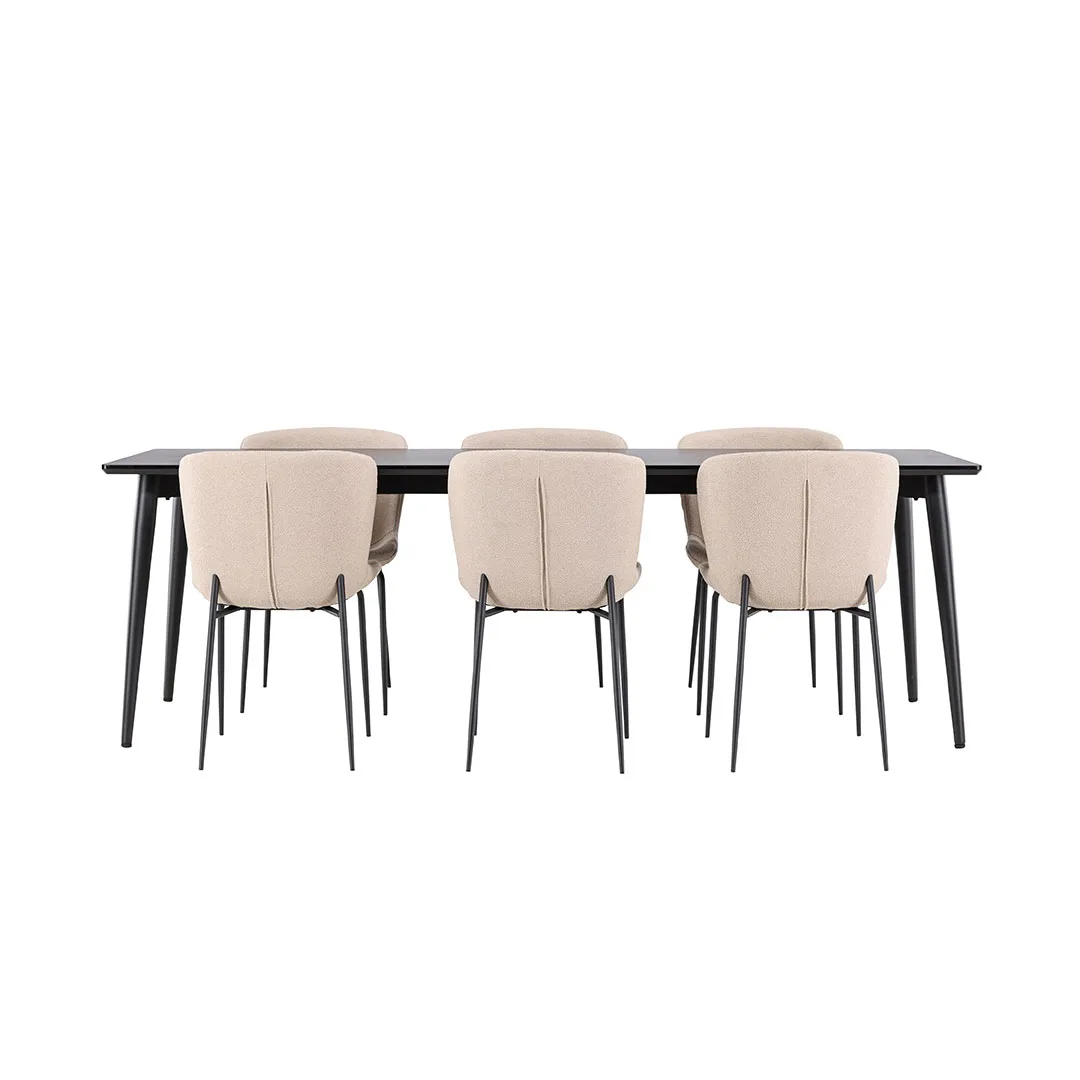 Ellis Essgruppe Tisch 85x230cm und 6 Boucle Stühle schwarz.