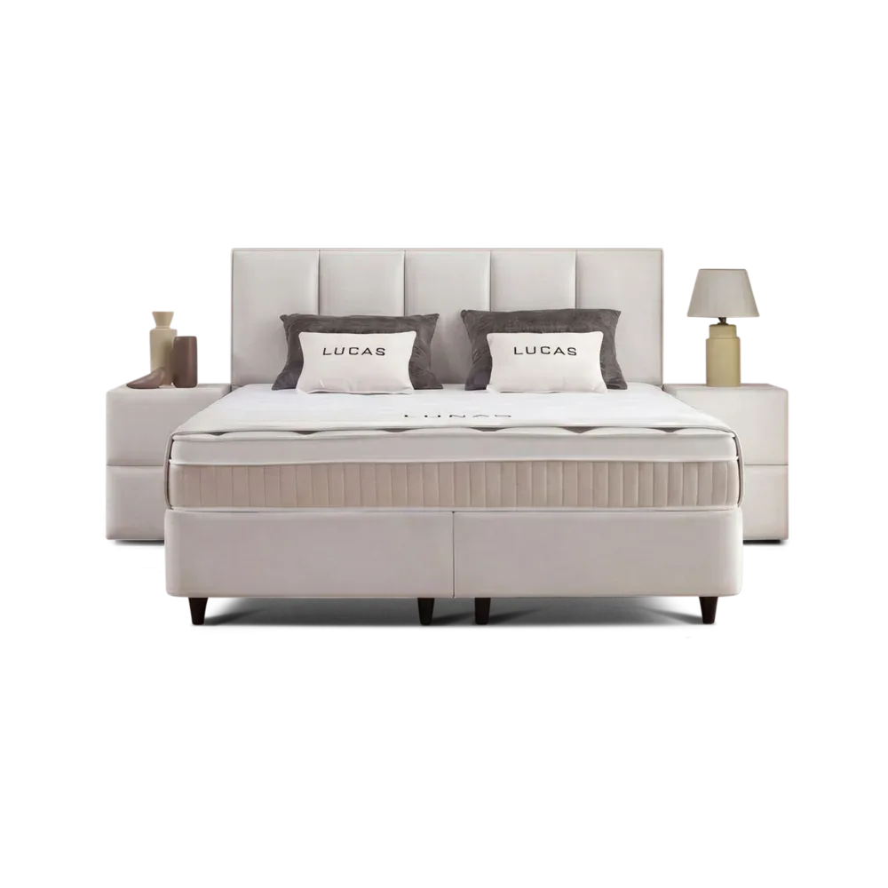 Premium Boxspringbett 90×200 komplett mit Matratze, Topper & Bettkasten, Stoff Creme, Lucas
