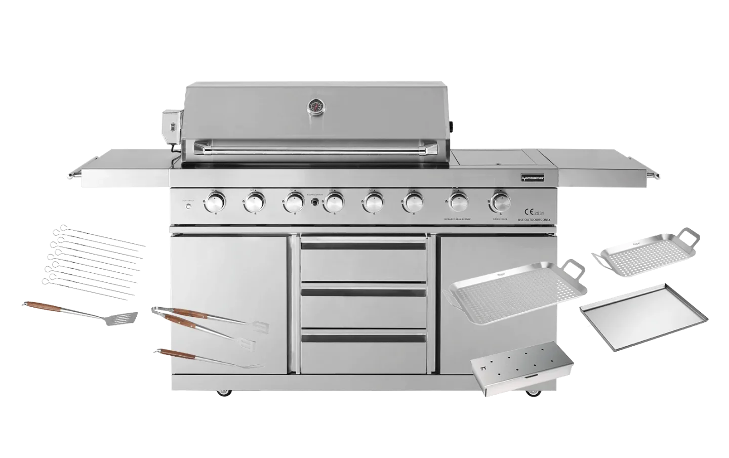 Stainless Collection - Freistehender Gasgrill mit 6 Brennern und PowerSear Zone (Infrarot) - Inkl. Zubehörpaket