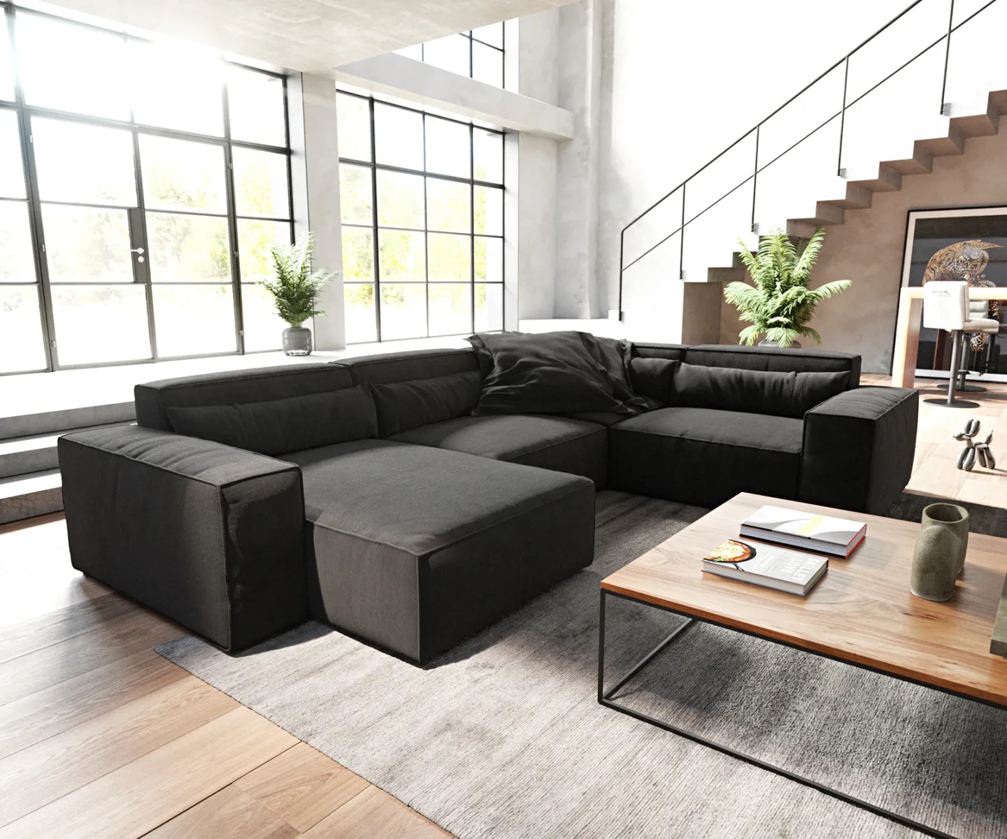 Wohnlandschaft Sirpio 300x210 cm Mikrofaser Schwarz Recamiere variabel