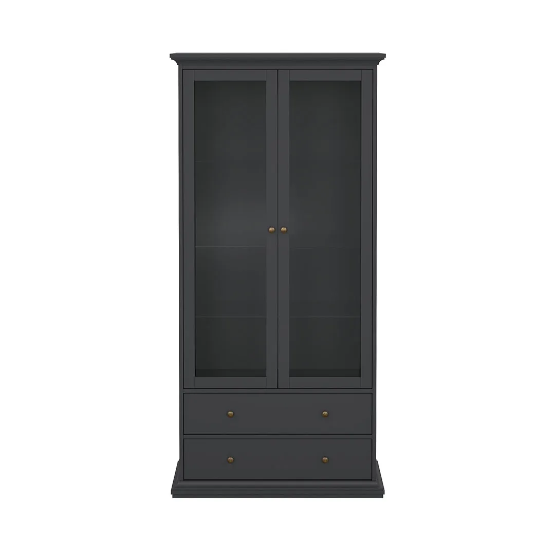 Venedig Vitrinenschrank 2 Glastüren und 2 Schubladen matt grau.