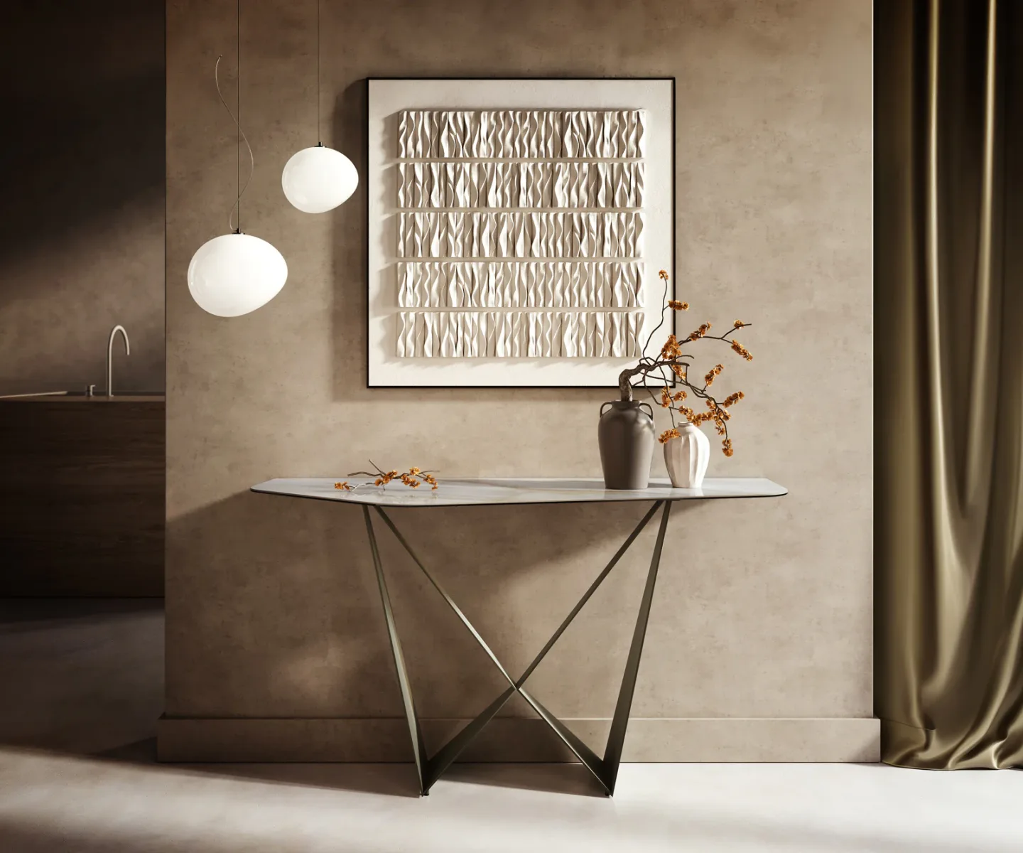 Konsolentisch Edge Polygonal 140x50 cm Keramik Onyx Pearl Spios Metall Effektfinish Titan