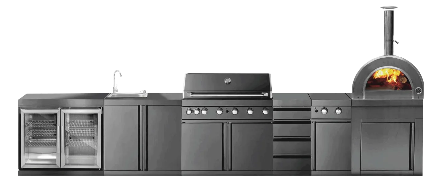 Outdoorküche mit Pizzaofen Schwarz Kansas Myoutdoorkitchen Black Collection Gasgrill Kühlschrank Seitenbrenner Spüle