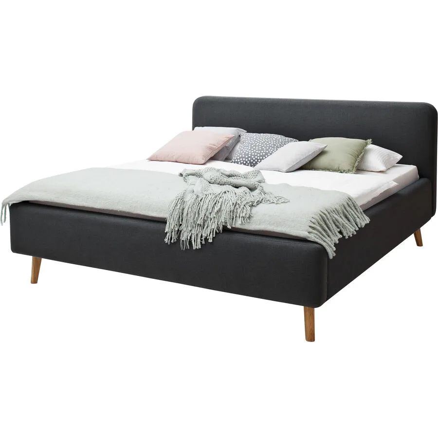 Bett Senja Anthrazit, Natur Stoff, Eiche Massivholz 160 x 200 cm