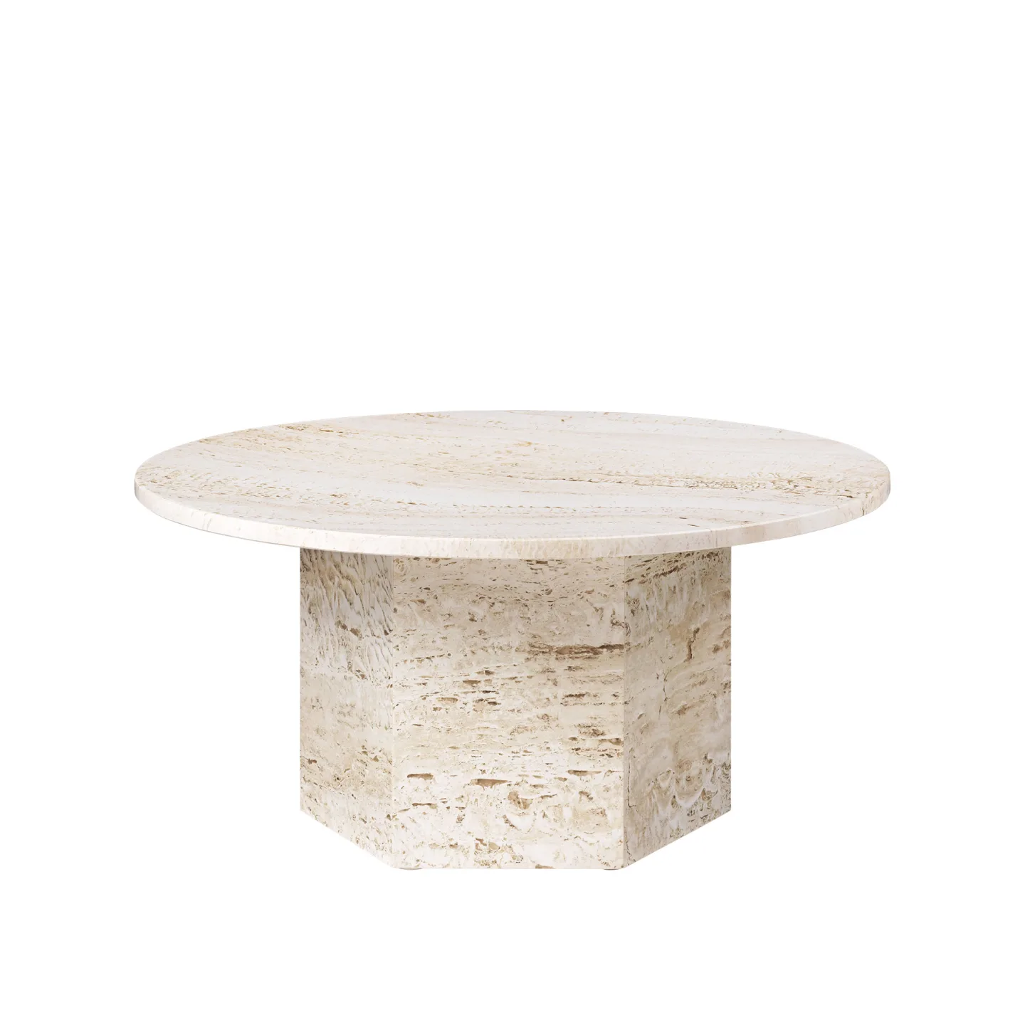 Gubi - Epic Coffee Table, Round Ø80, White Travertine Stone - Soffbord - GamFratesi - Vit - Sten
