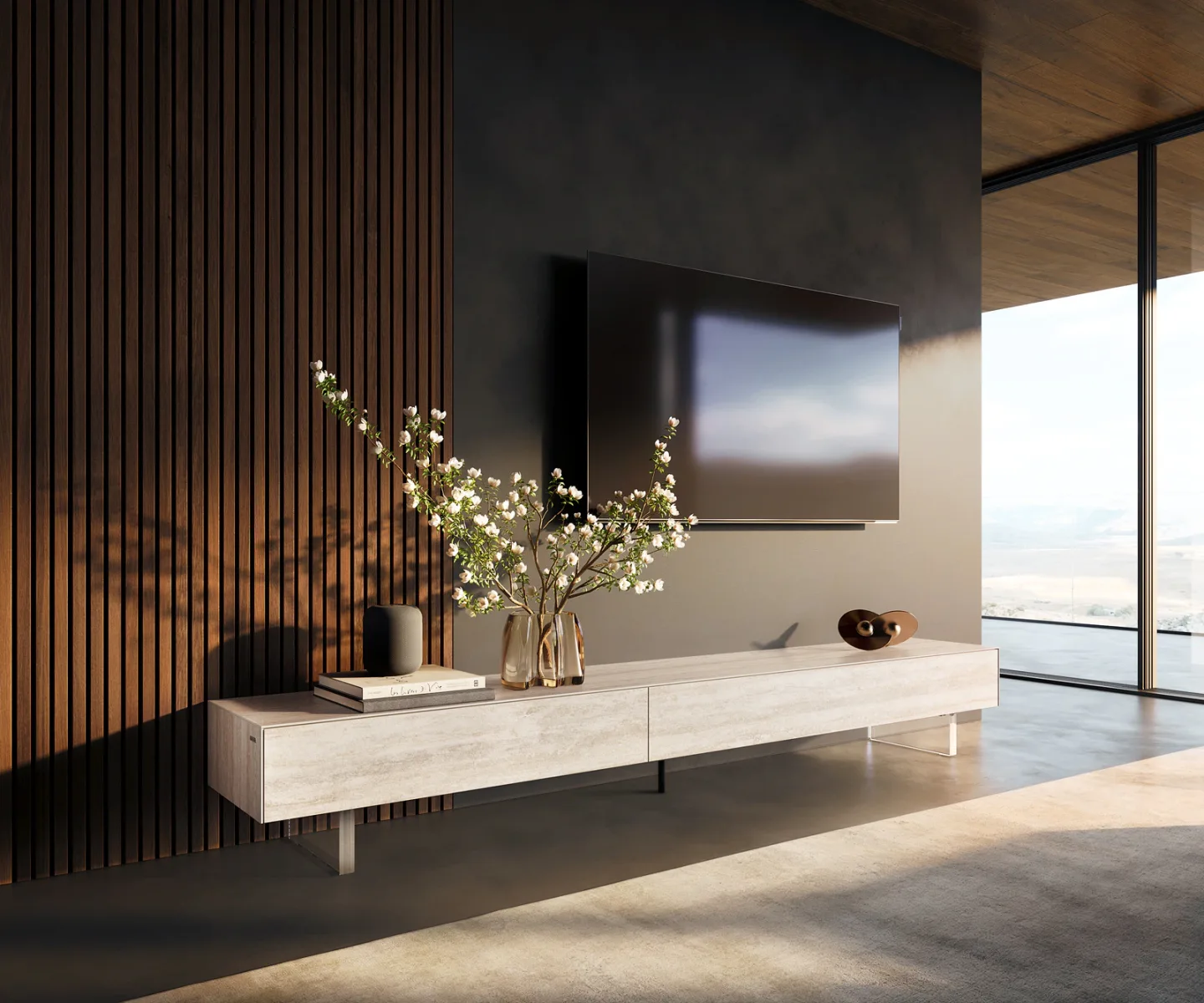Lowboard Cuor 250 cm Keramik Laminam® Travertino Bianco Creme-Weiß 1 Klappe 1 Schubfach Fuß Schwebeoptik Acrylglas