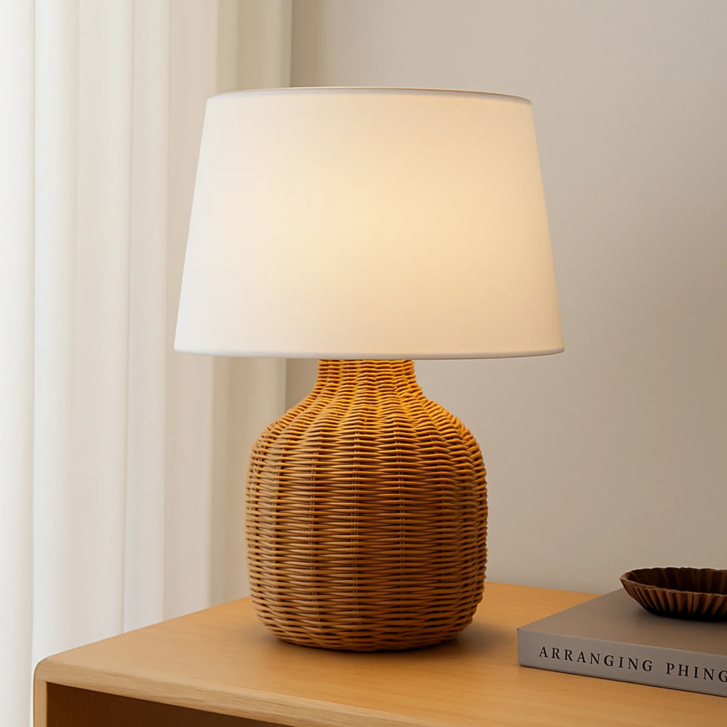 Lirenda bordlampe, natur/hvid, rattan, højde 52 cm - Lindby - Stue - Boho - Stof / tekstil - Med skærm
