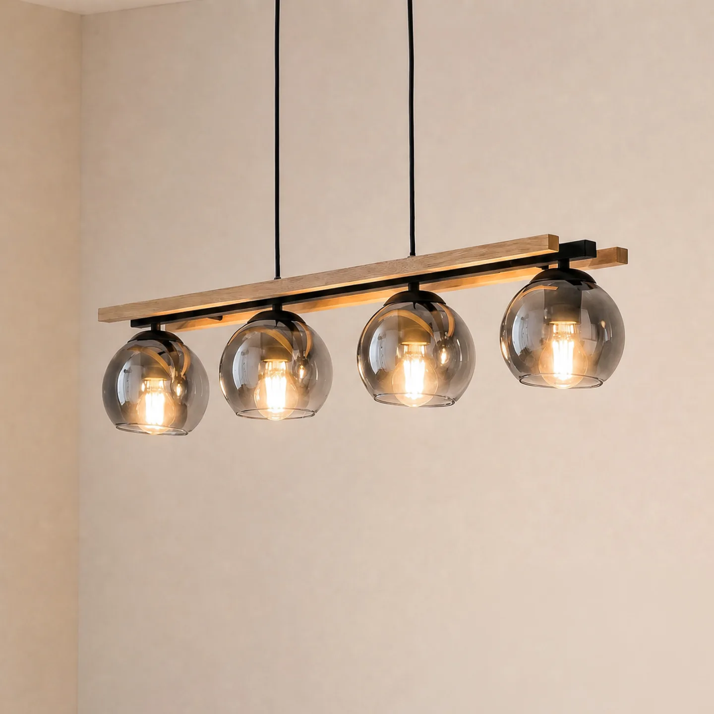 Philika Pendelleuchte Smoke/Wood/Black - Lindby Enrique - Wohnzimmer - Modern - Glas - Mehrflammig