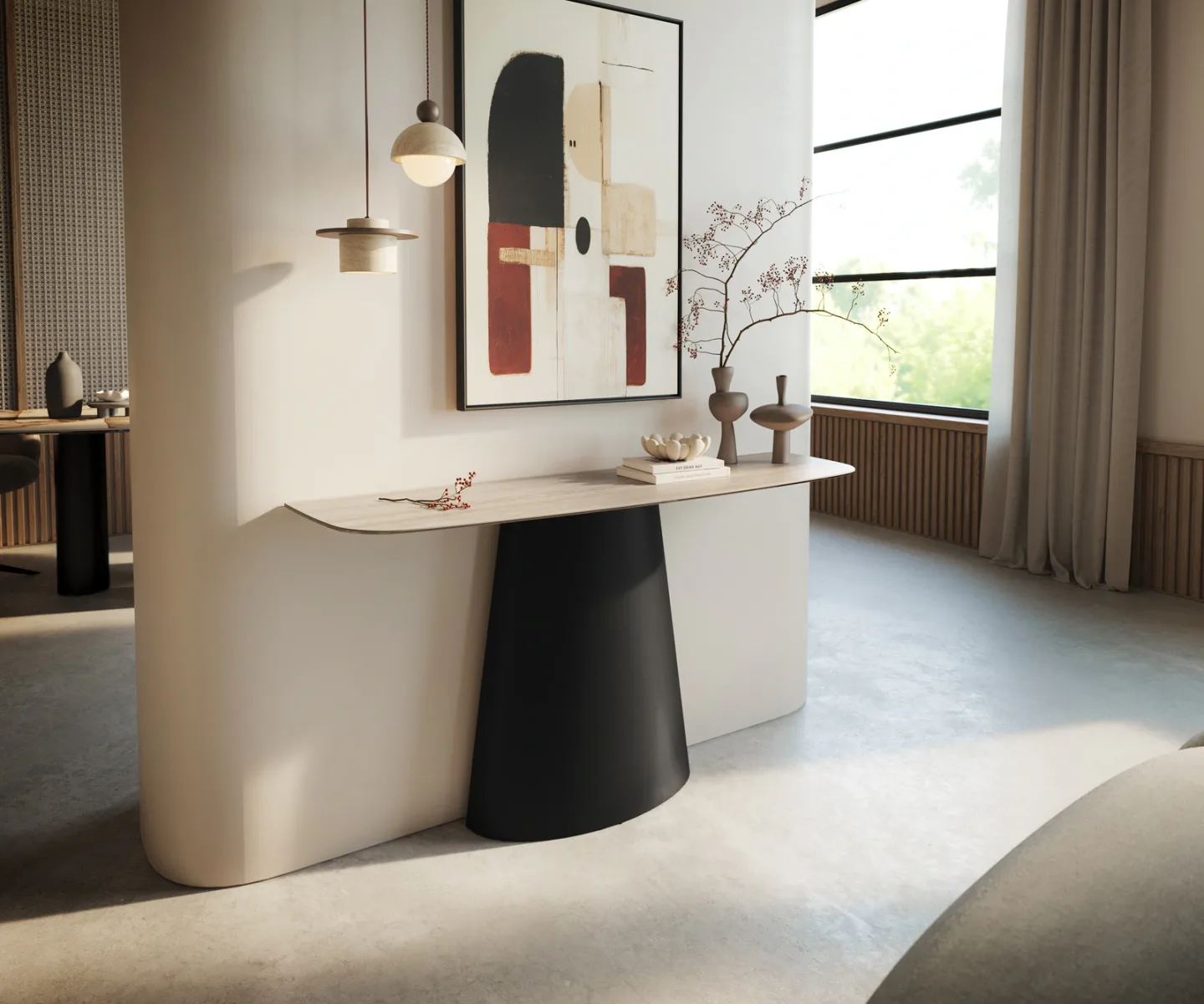 Konsolentisch Edge Boot 140x40 cm Keramik Laminam® Travertino Bianco Creme-Weiß Conos Metall Schwarz