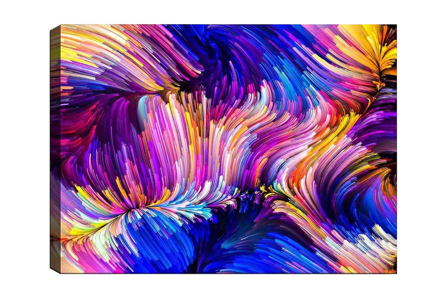 Canvastavla 70x100 cm - Abstrakt färgsprakande komposition med svepande linjer och former - Lila / Blå / Gul