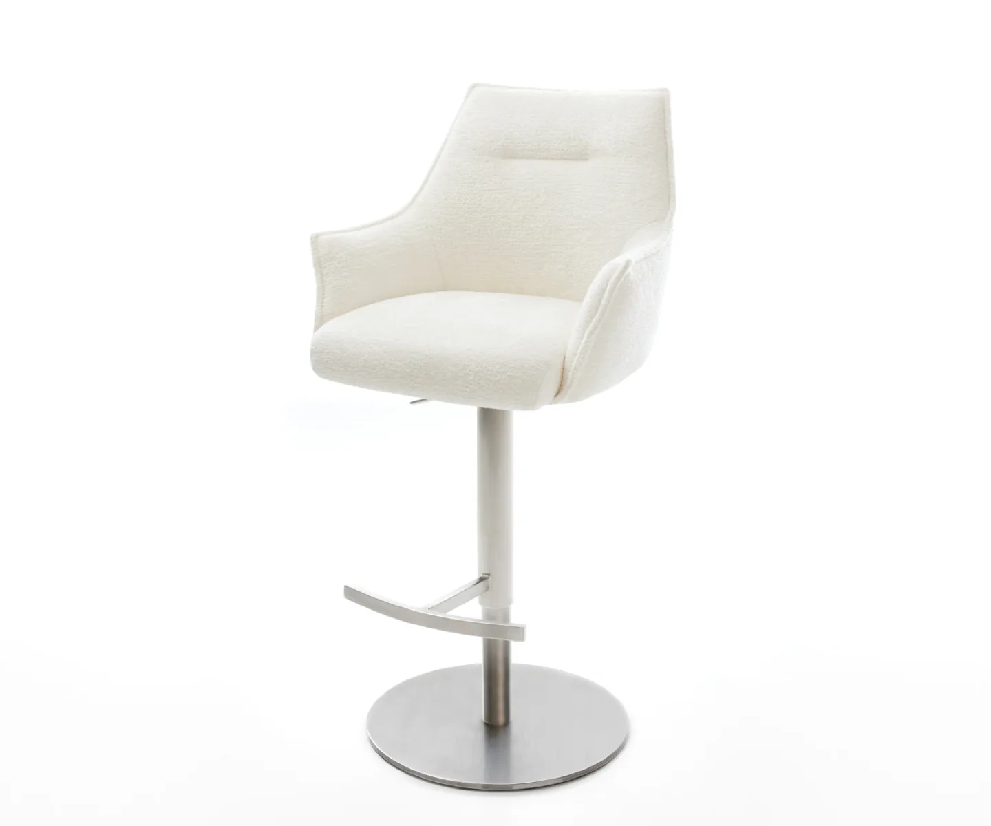 Barstuhl Alja-Flex Bouclé Soft Beige Drehfuß höhenverstellbar Edelstahl Silberfarben Taschenfederkern