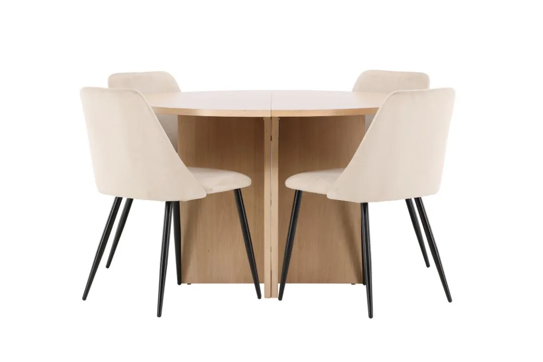 Strada Essgruppe Ausziehtisch Ø120cm, 170cm und 4 Stühle whitewash, beige.