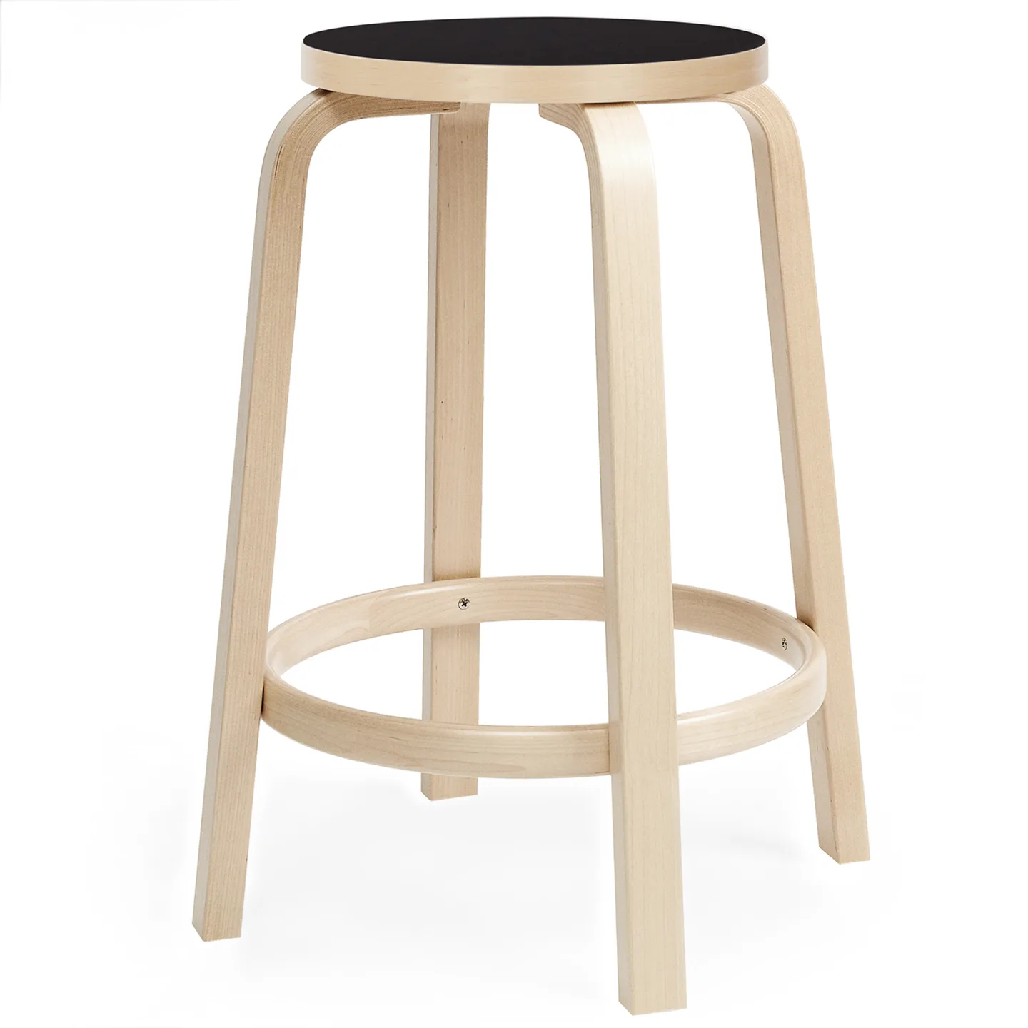Artek - Barstol 64, 65 cm, Klarlackad björk Svart linoleum - Barstolar - Alvar Aalto - Träfärgad - Trä/Plast
