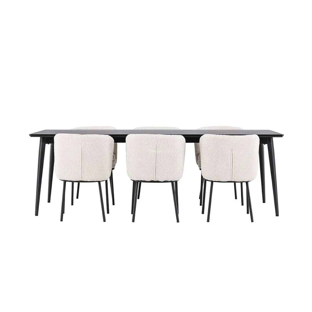 Ellis Essgruppe Tisch 85x230cm und 6 Boucle Stühle schwarz.