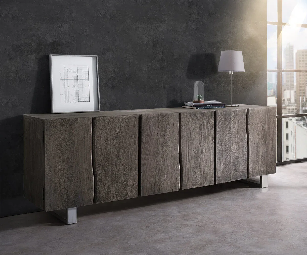 Sideboard Live-Edge 220 cm Akazie Platin massiv 6 Türen
