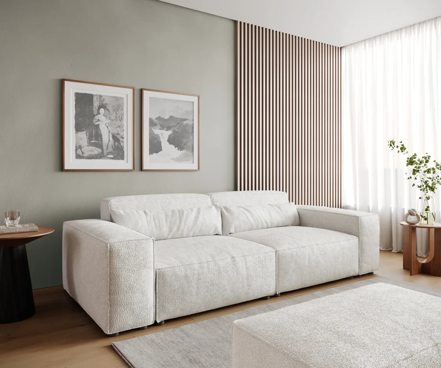 Big-Sofa Sirpio 230x95 cm Bouclé Creme-Weiß mit Hocker