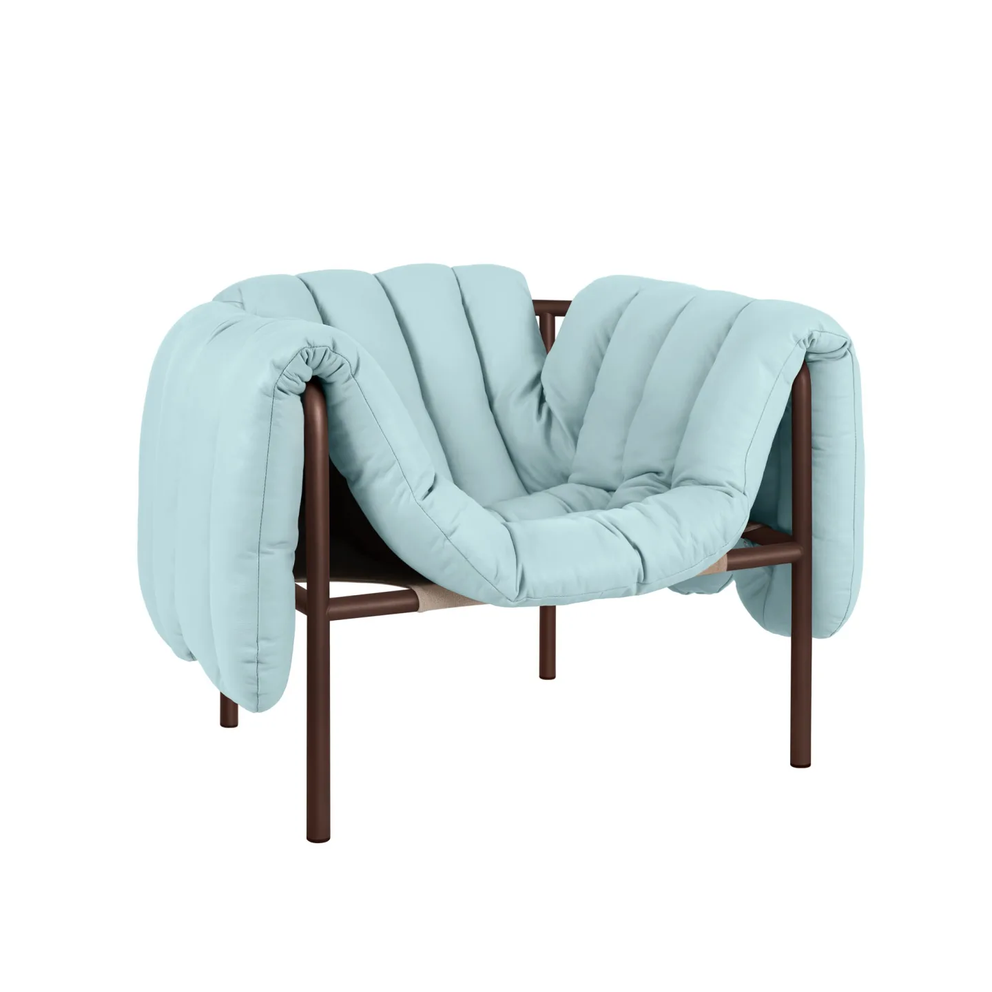 HEM - Puffy Lounge Chair - Light Blue Leather/Chocolate Brown - Fåtöljer - Faye Toogood - Brun,Blå - Läder/Naturmaterial/Metall/Trä/Skum