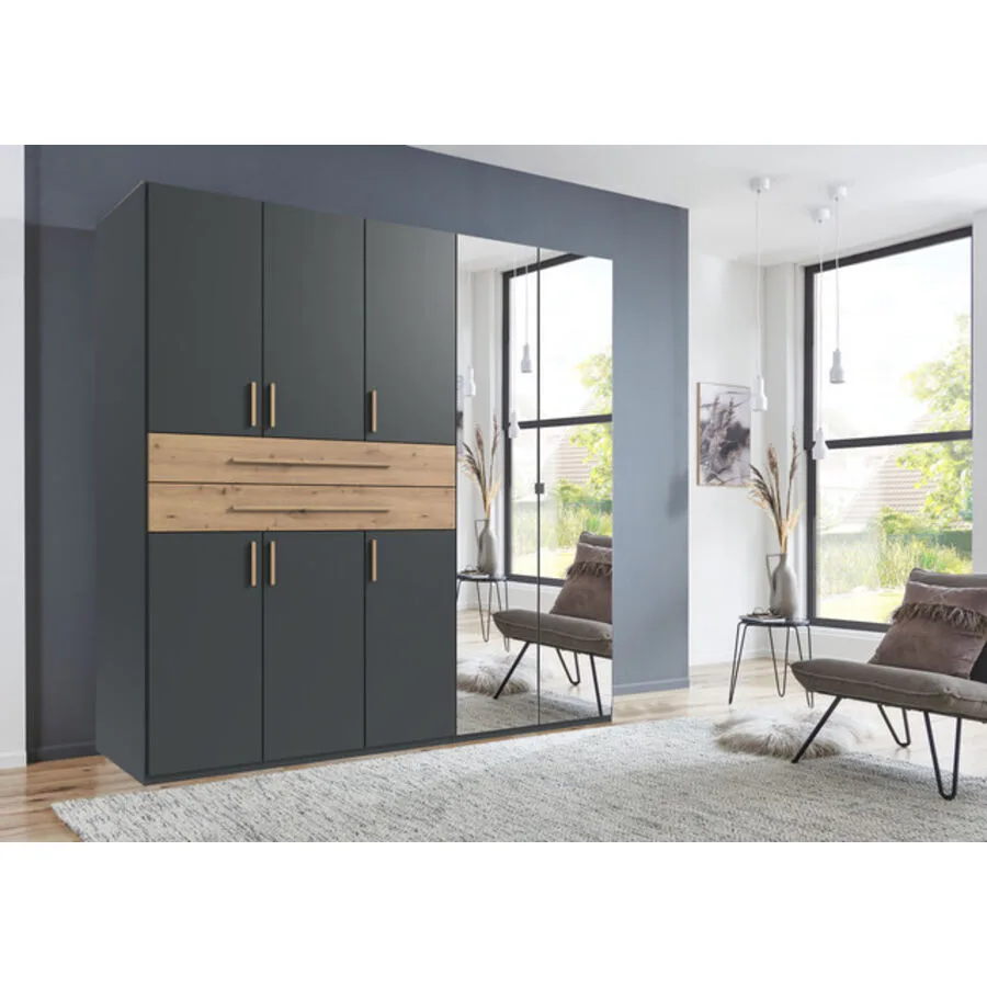 Kleiderschrank Stride Grafit, Abs. Artisan-Eiche-Nachbildung - Griffe Artisan-Eiche-NB Mischholz B 225 cm