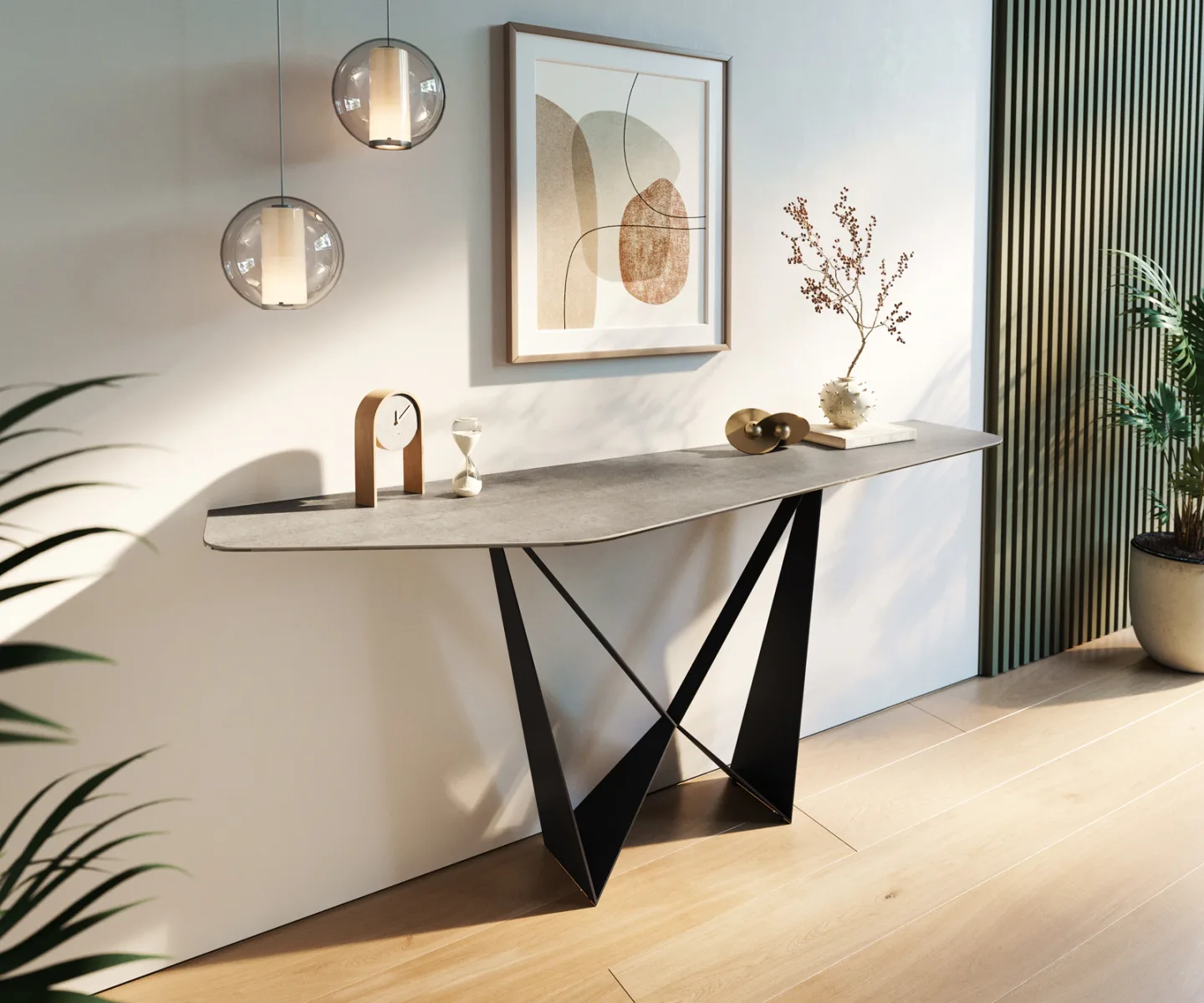 Konsolentisch Edge Polygonal 180x50 cm Keramik Beton Grau Spios Metall Schwarz