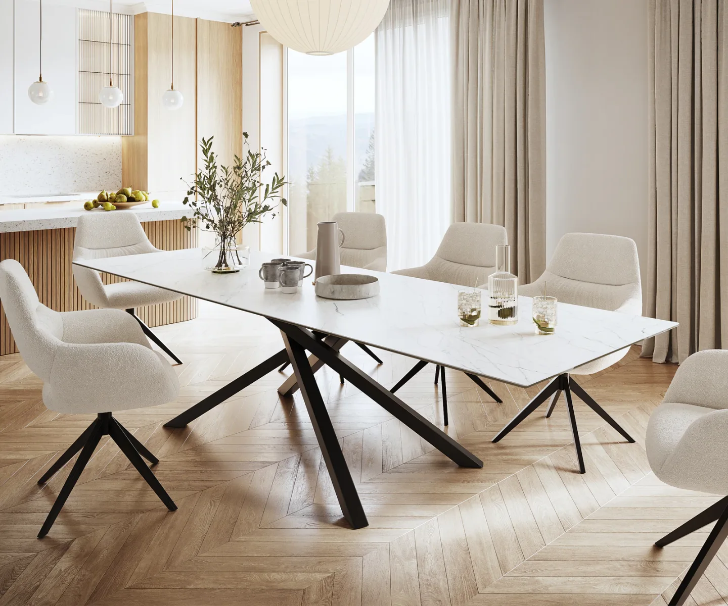 Esstisch Edge 300x100cm Keramik Laminam® Statuarietto Weiß Mittelfuß Kreuz Schwarz