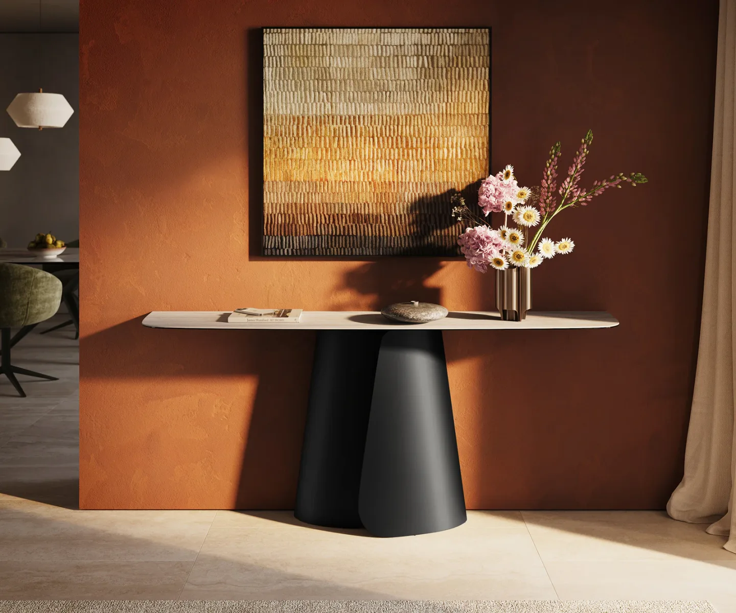 Konsolentisch Edge Boot 180x40 cm Keramik Laminam® Travertino Bianco Creme-Weiß Livos Metall Schwarz