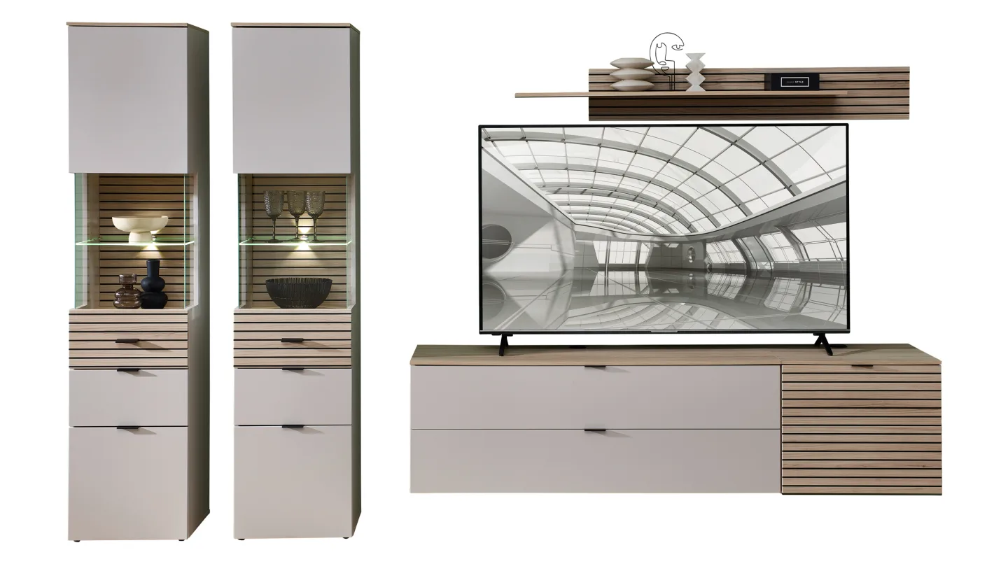 Wohnwand Beige-Kaschmir - Riva Eiche 320 cm LED-Beleuchtung - INA