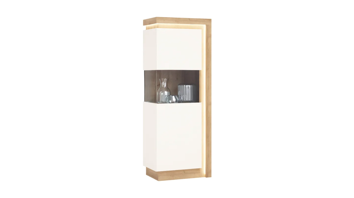 Vitrine mit Beleuchtung weiß Hochglanz - Eiche Breite 60 cm - LYON