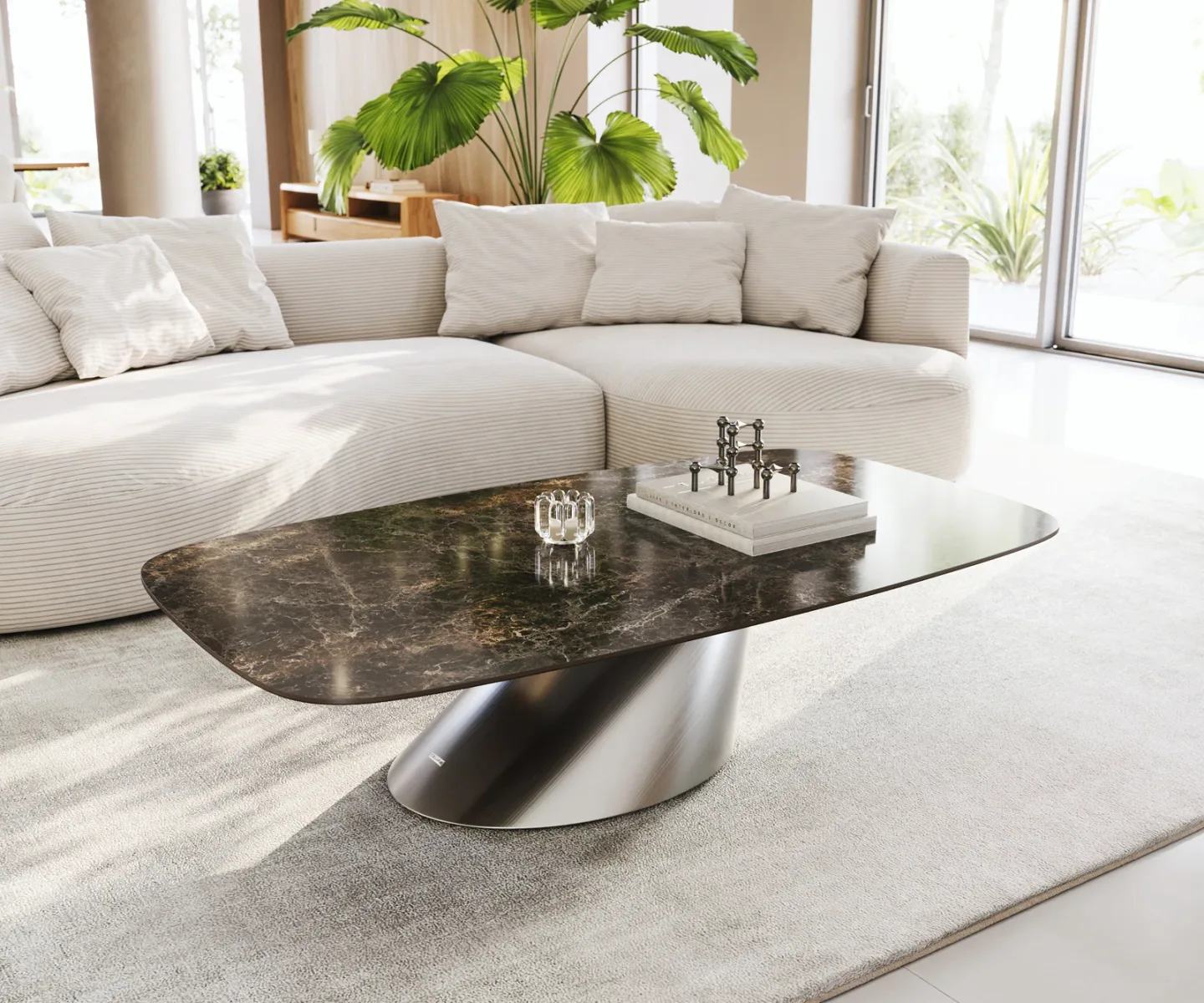 Couchtisch Edge Boot 140x80 cm Keramik Emperador Extra Lucidato Dunkelbraun Conis Edelstahl gebürstet