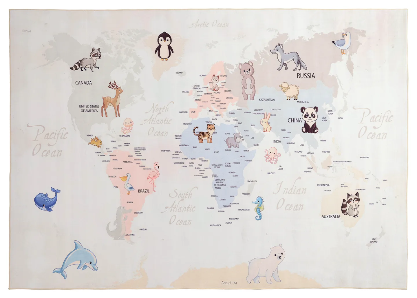 Barneteppe - Animal Map (beige) (Størrelse: 130 x 190 cm)