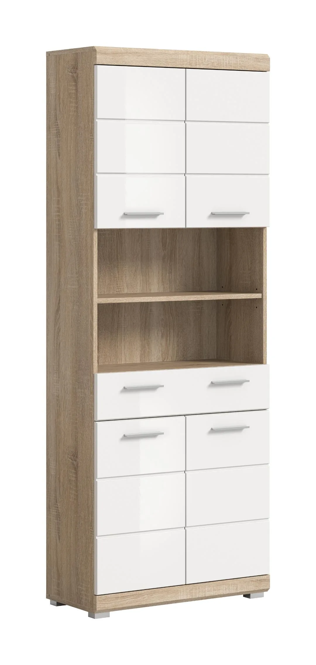 Lambada Hochschrank Bad 4 Türen, 1 Schublade, 2 Regale Weiß hochglanz, Eiche Dekor.