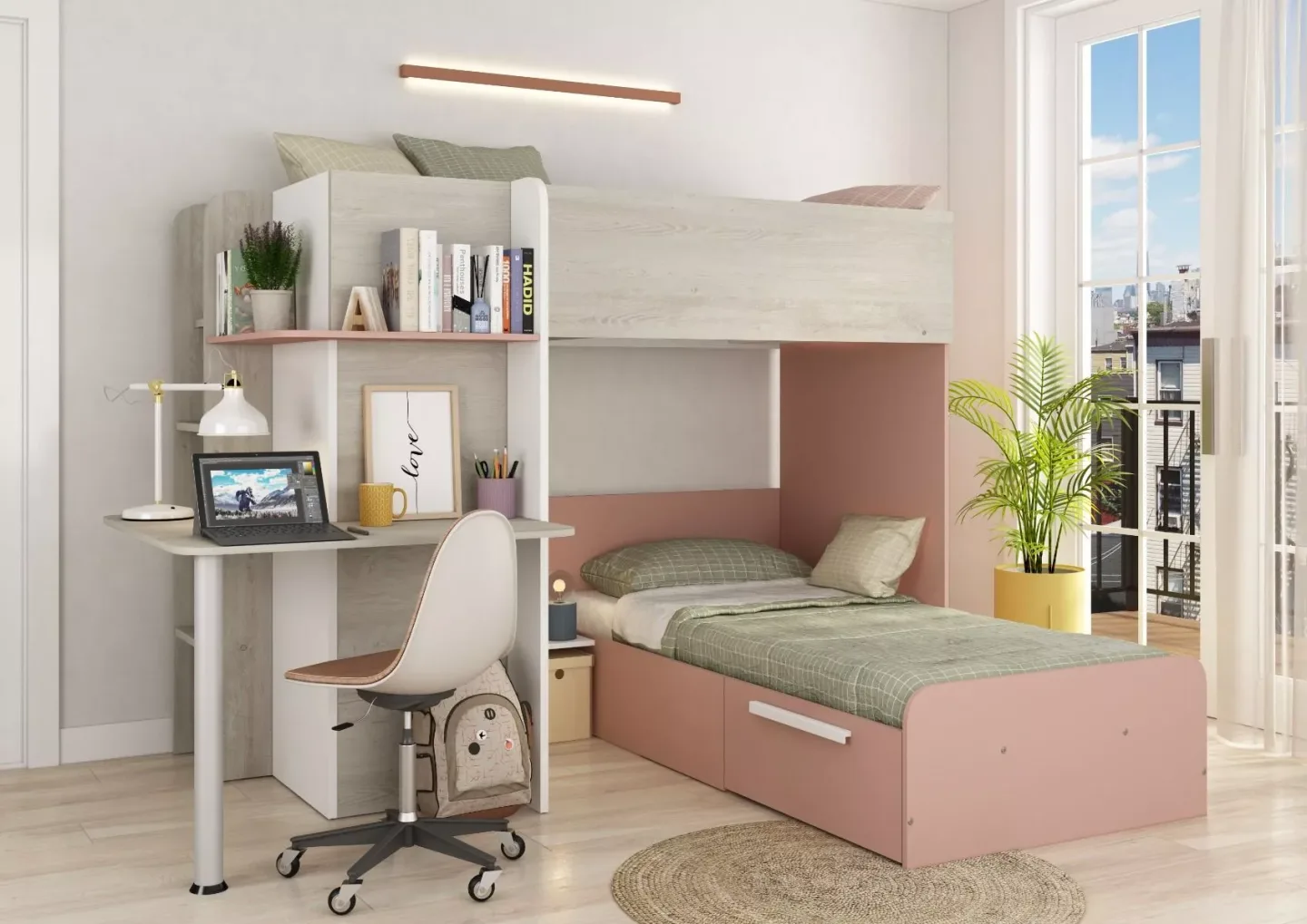 Drømmerom - Palatino køyeseng med skrivebord - Antique Pink - 90x190