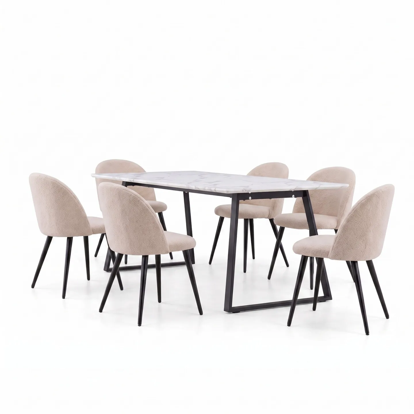Malaga Essgruppe Esstisch 90x200 cm weiß und 6 Skagen-Stühle Bouclé beige.