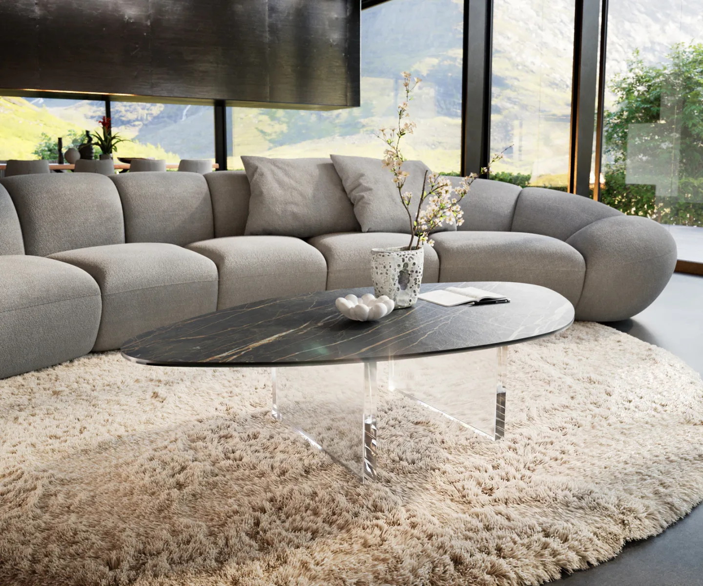 Couchtisch Edge Organisch 140x76 cm Keramik Laminam® Noir Desir Braun Lumia Acryl