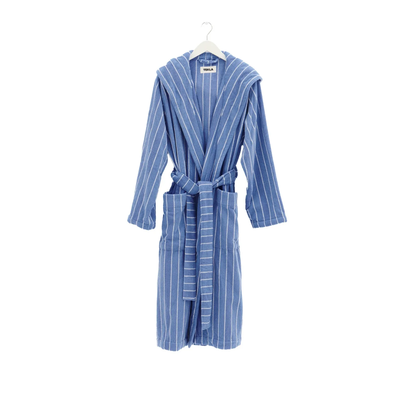 Tekla - Hooded Bathrobe - Striped - Marseille - Large - Badrockar - Vit,Blå - Bomull