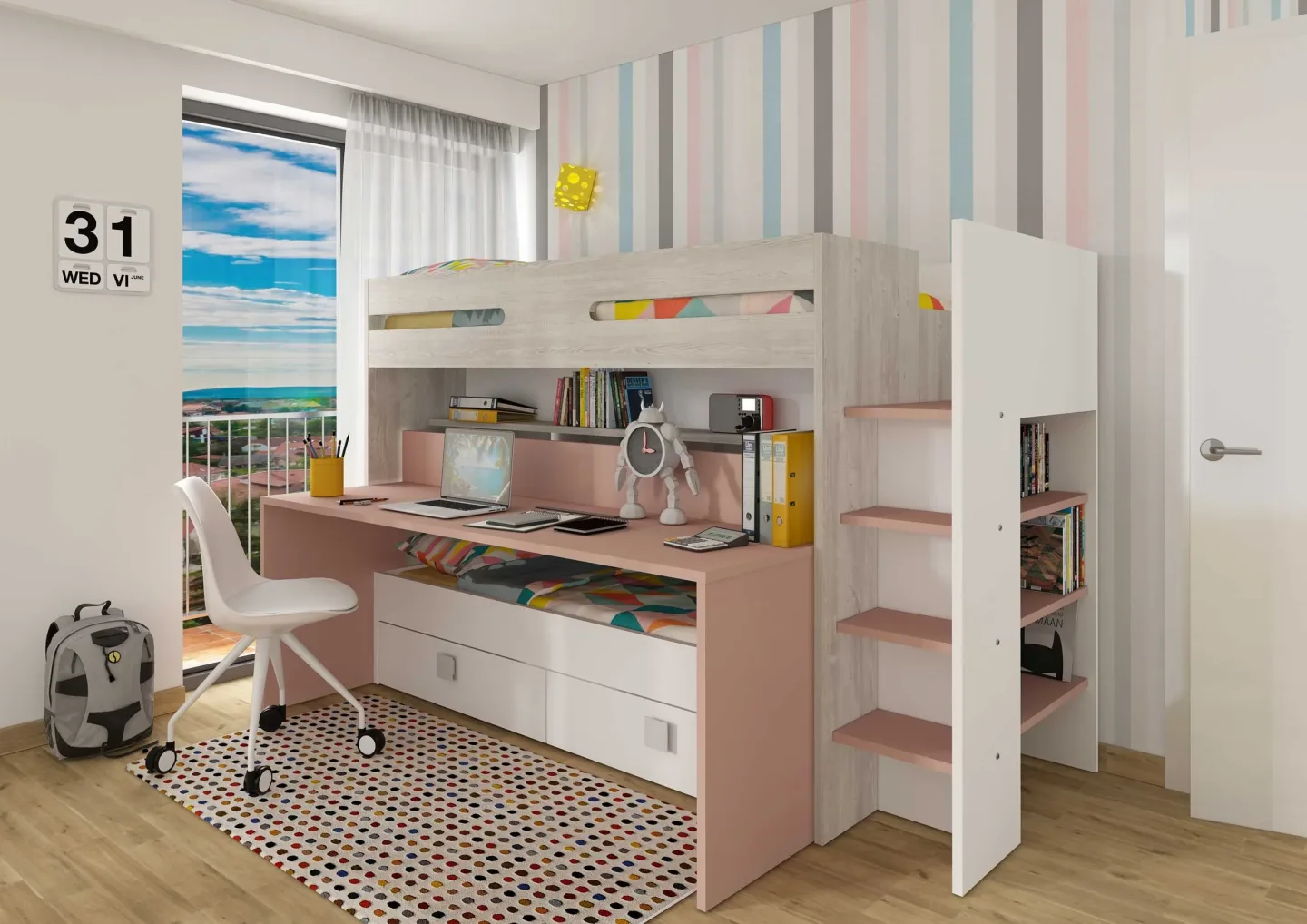Drømmerom - Sindre multifunksjonell loftseng med Skrivebord og Uttrekksseng - Antique Pink