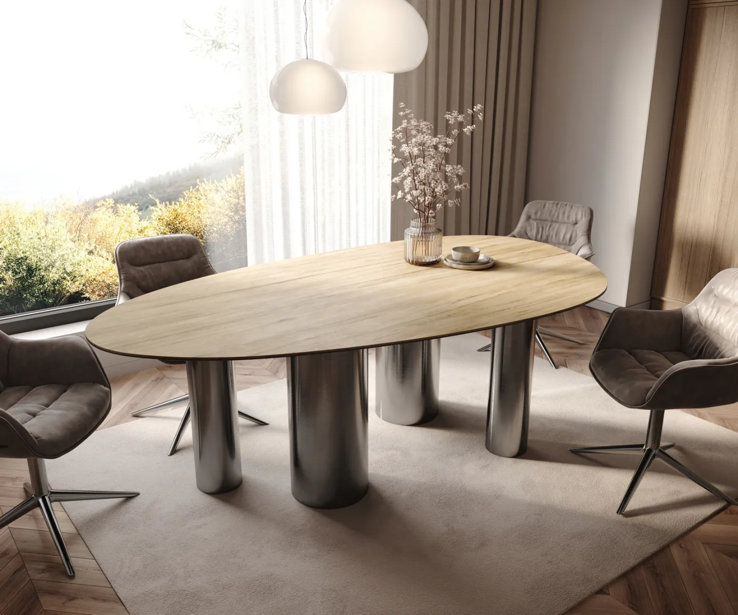 Esstisch Edge Oval 220x120 Keramik Laminam® Sabbia Eichefarbig Pilier Edelstahl Graphit