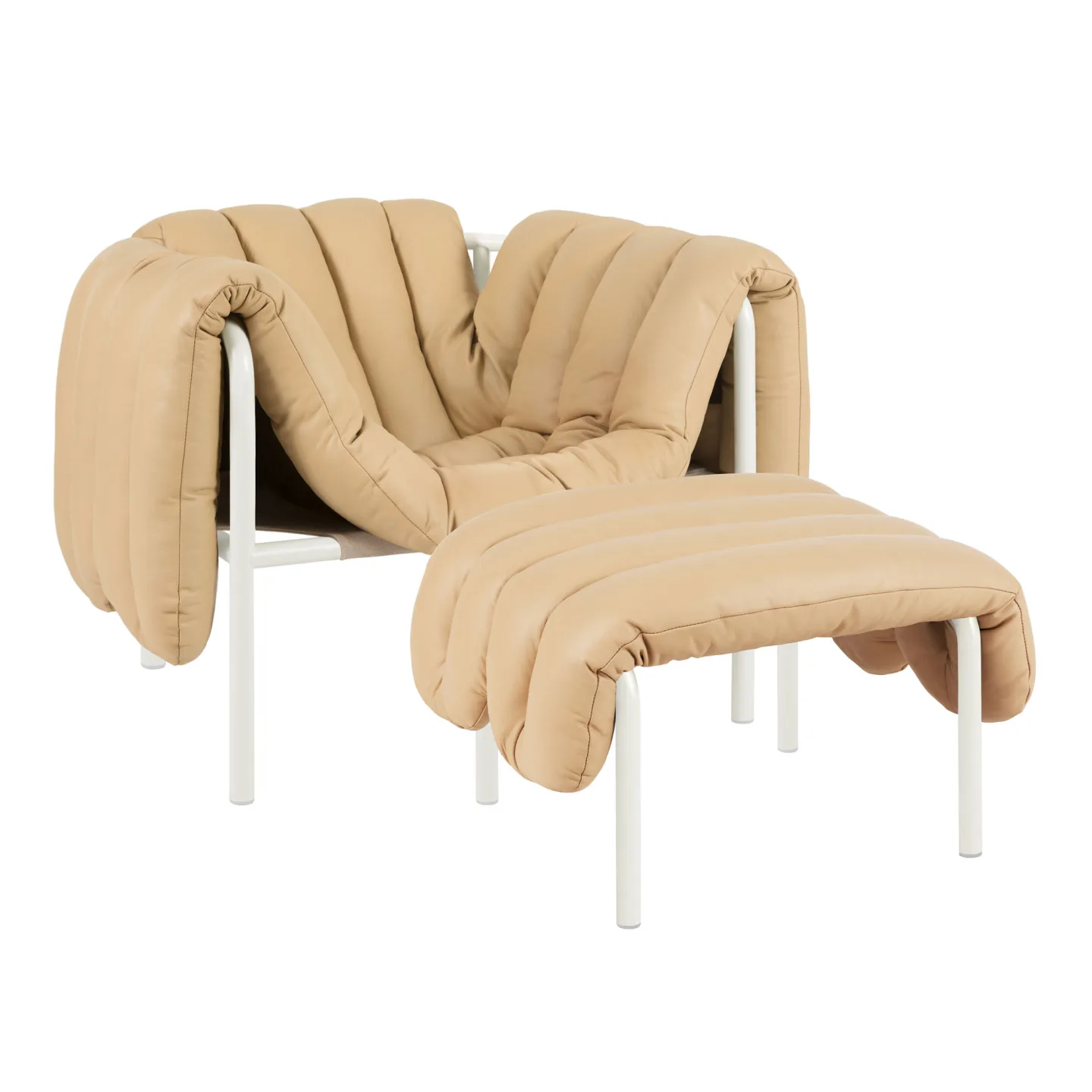 HEM - Puffy Lounge Chair + Ottoman - Sand Leather/Cream - Fåtöljer - Faye Toogood - Beige - Läder/Naturmaterial/Metall/Trä/Skum