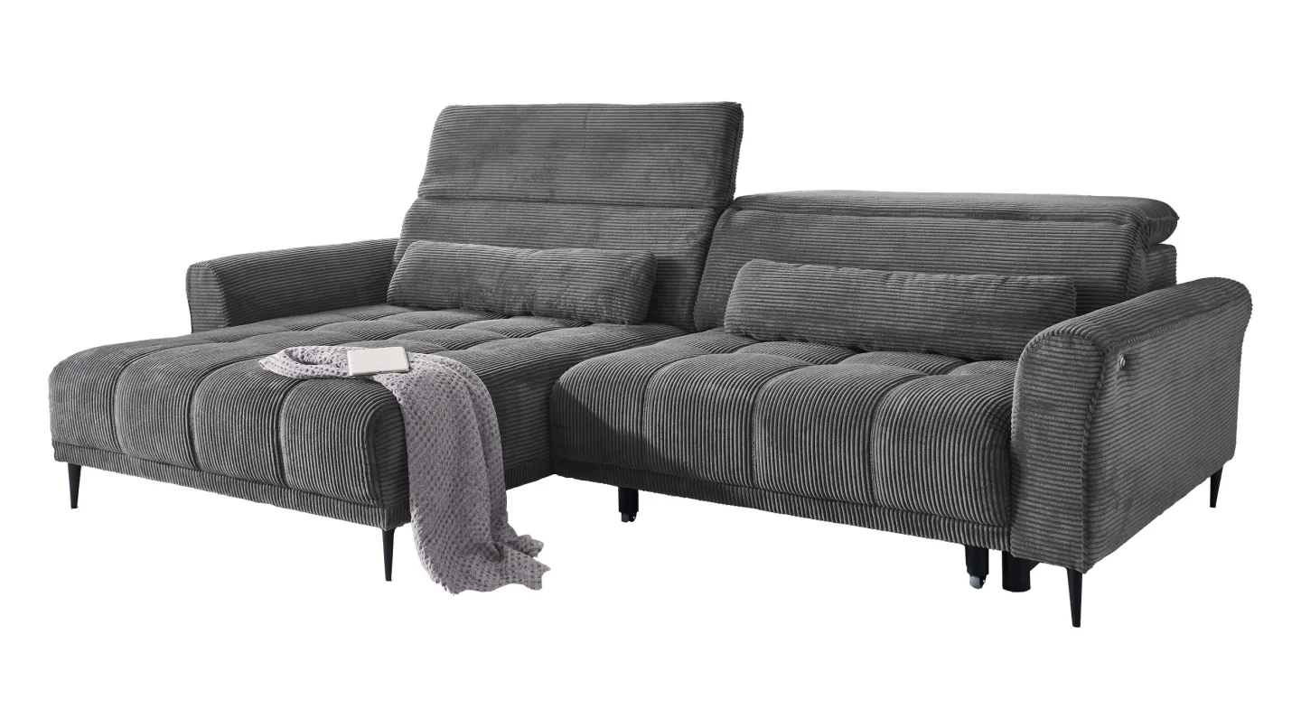 Ecksofa Cord grau elektrisch ausfahrbar 277 cm - OT links - LOGAN