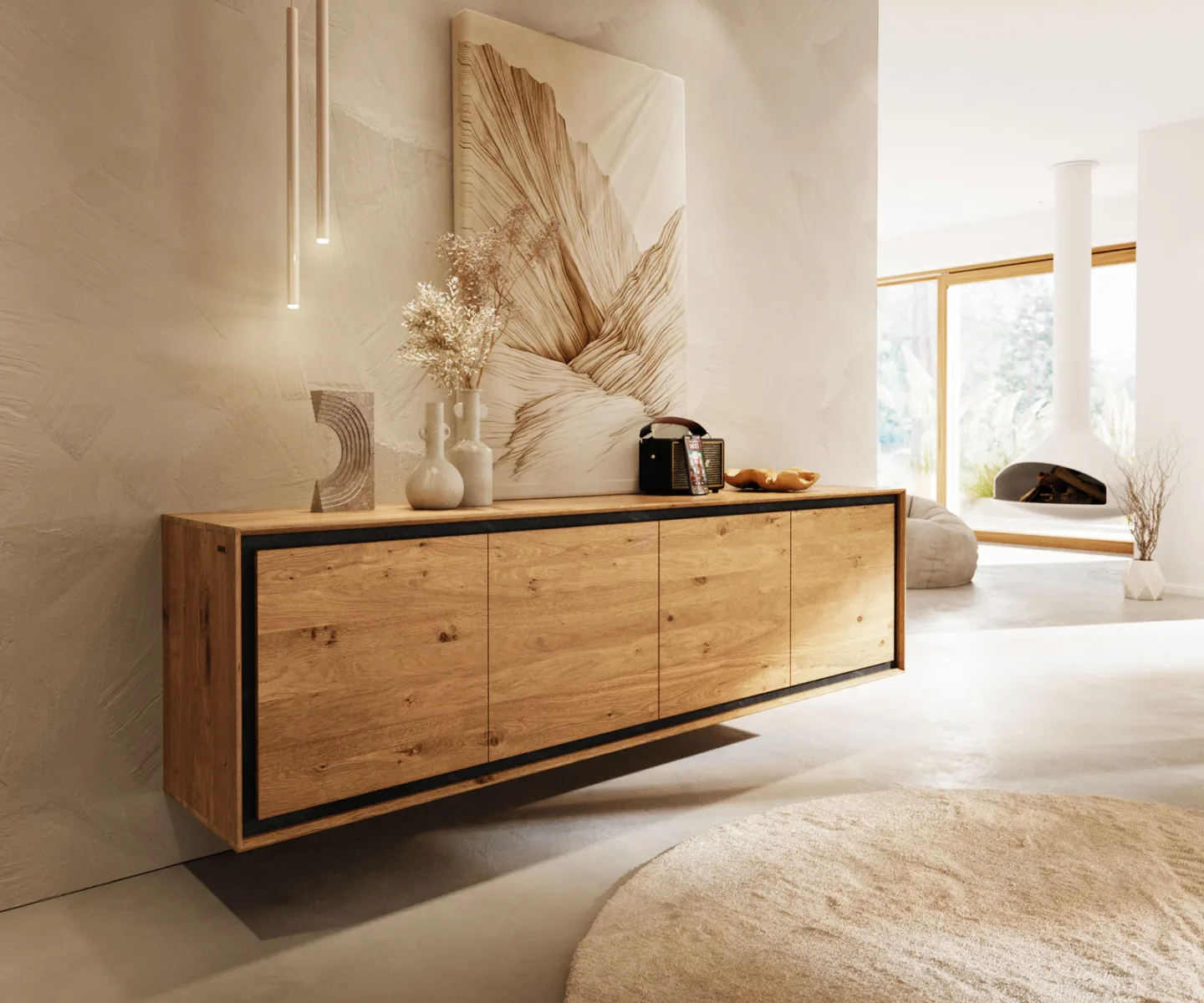 Sideboard Stonegrace 200 cm Eiche Natur 4 Türen Steinfurnier Schwebend