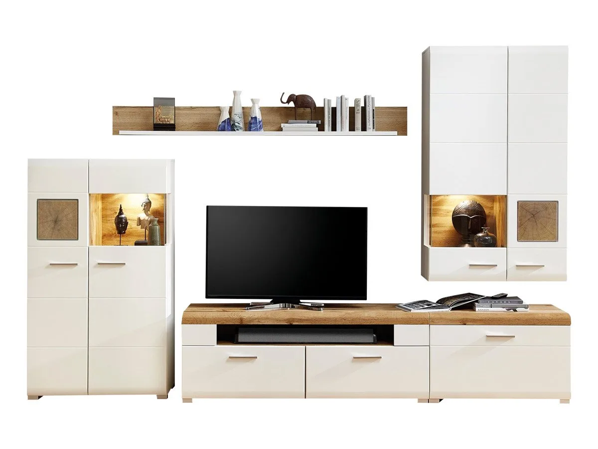 Wohnwand weiß - Eiche - 320 cm - LED-Beleuchtung - FUN PLUS
