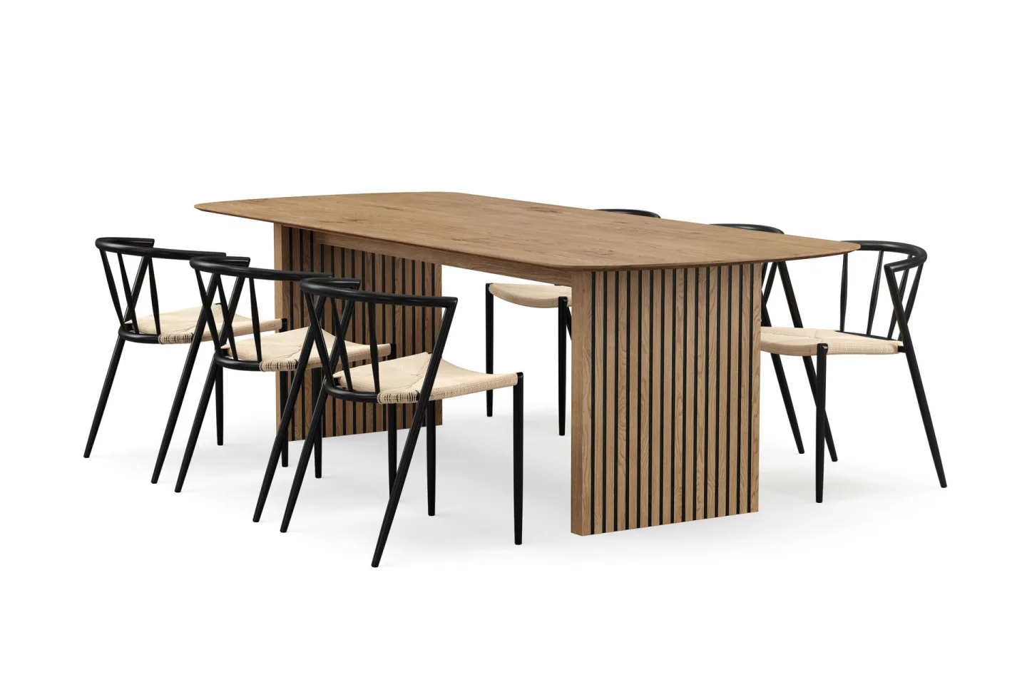Richeto Matbord 240 cm med 6 Winston Matstolar - Naturlig finish / Beige / Metallben Svart