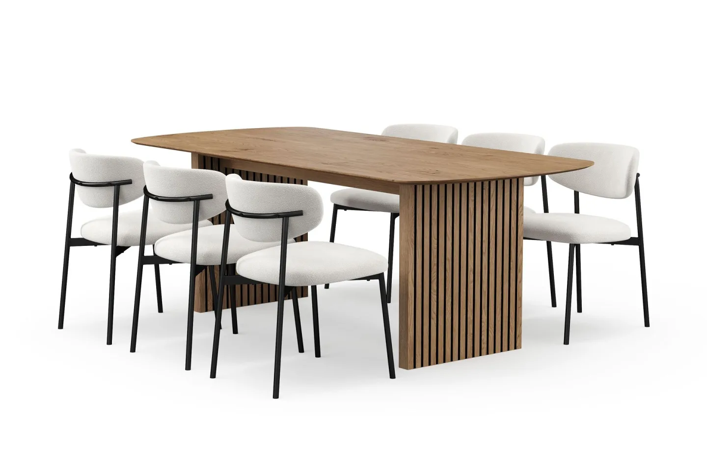 Richeto Matbord 210 cm med 6 Lucy Matstolar - Naturlig finish / Vit Bouclé / Metallben Svart