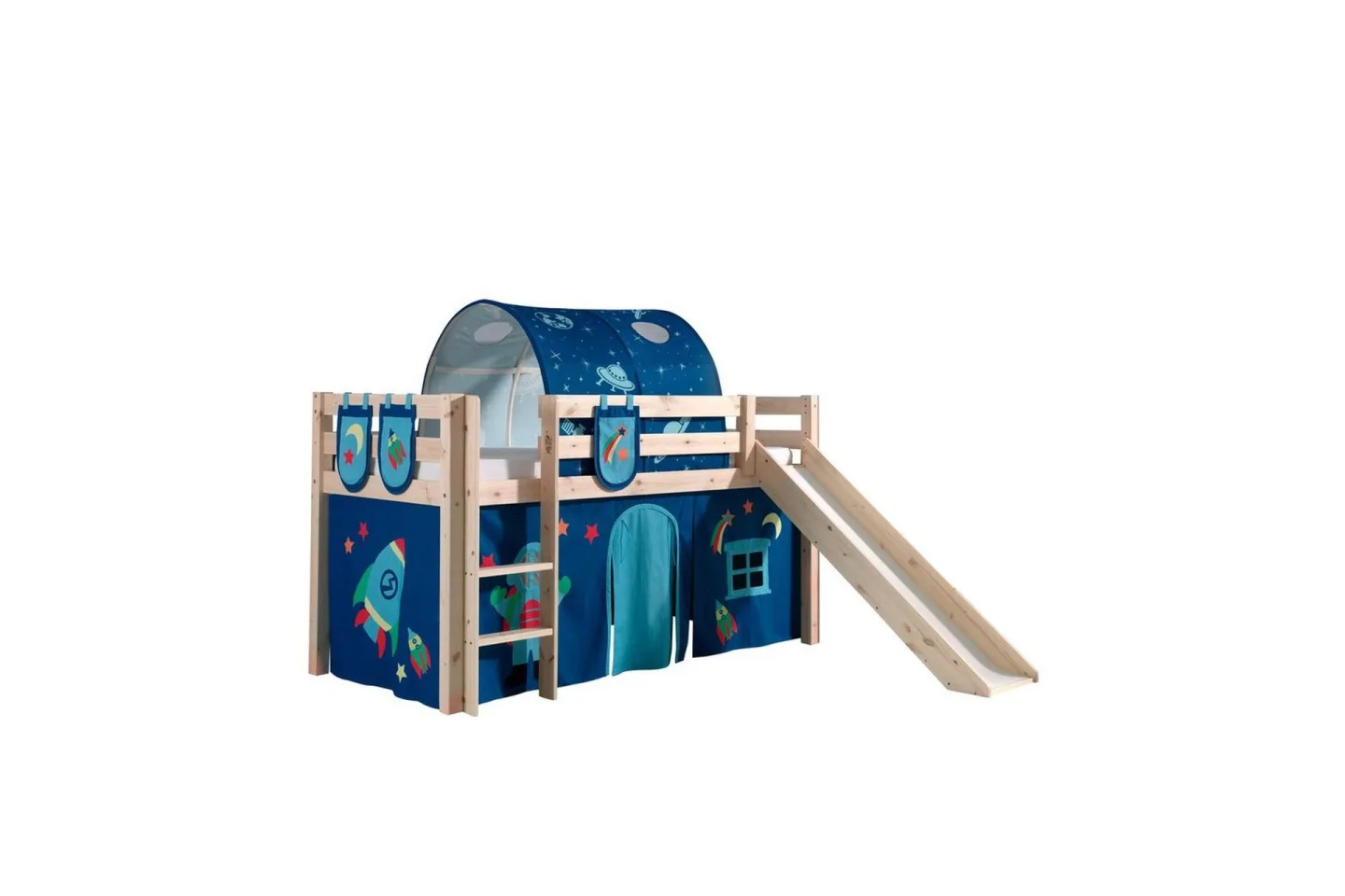 Halvhöjdssäng med gardin Pino Astro Naturlig, Naturlig, Med rutschkana, Med tunnel, 3 - Naturlig, Naturlig, Med rutschkana, Med tunnel, 3