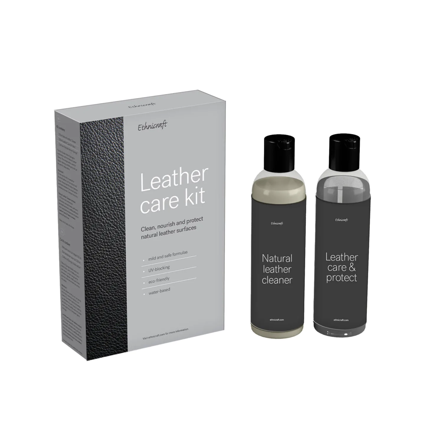 Ethnicraft - Ethnicraft Leather Care Kit - 1X250 ml Leather Cleaner + Sponge & Cloth, 1X250 ml Leather Care & Protect - 12 Kits / 1 Box - Möbelvård - Grå