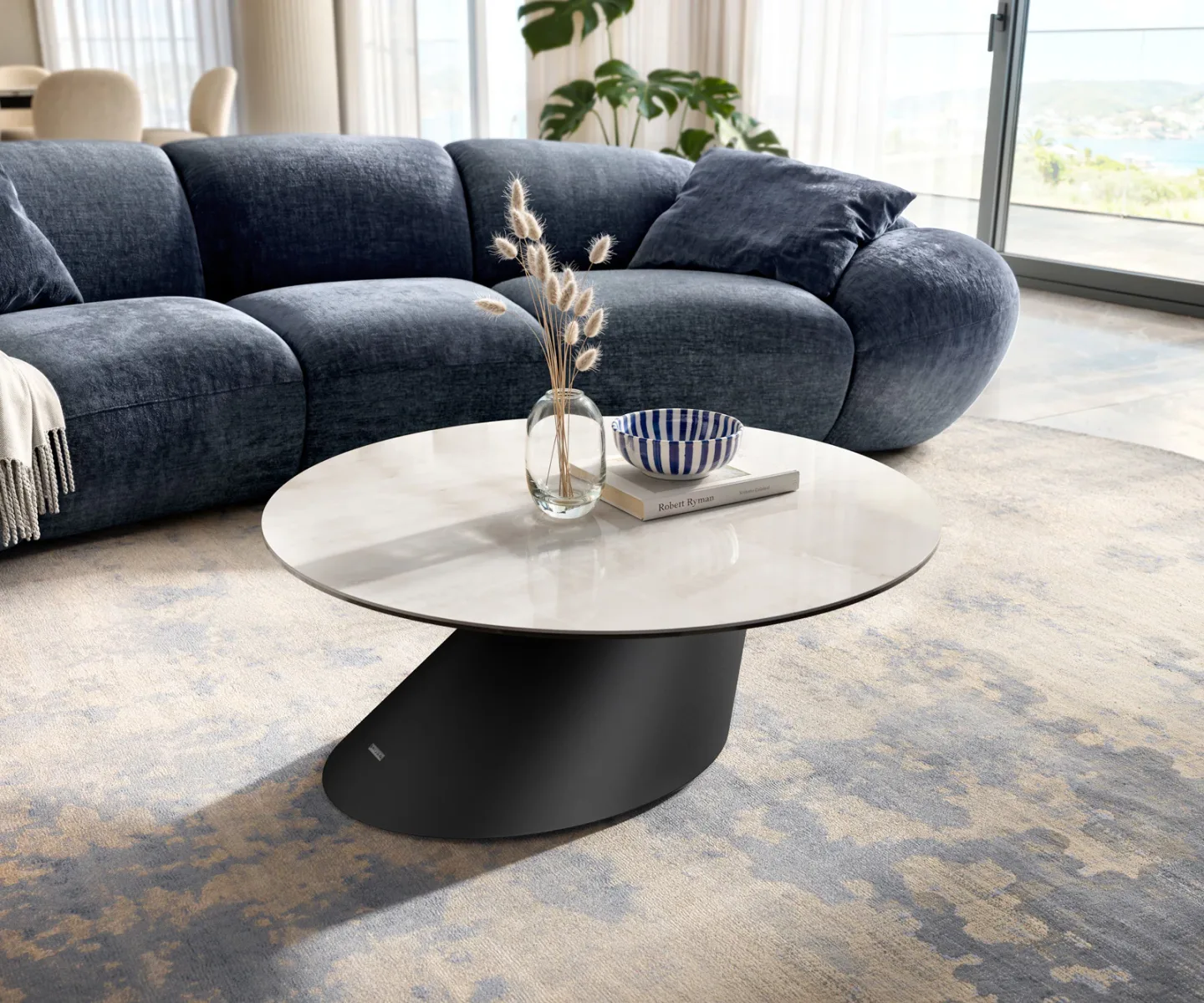 Couchtisch Edge Rund 90x90 cm Keramik Onyx Champagne Conis Metall Schwarz