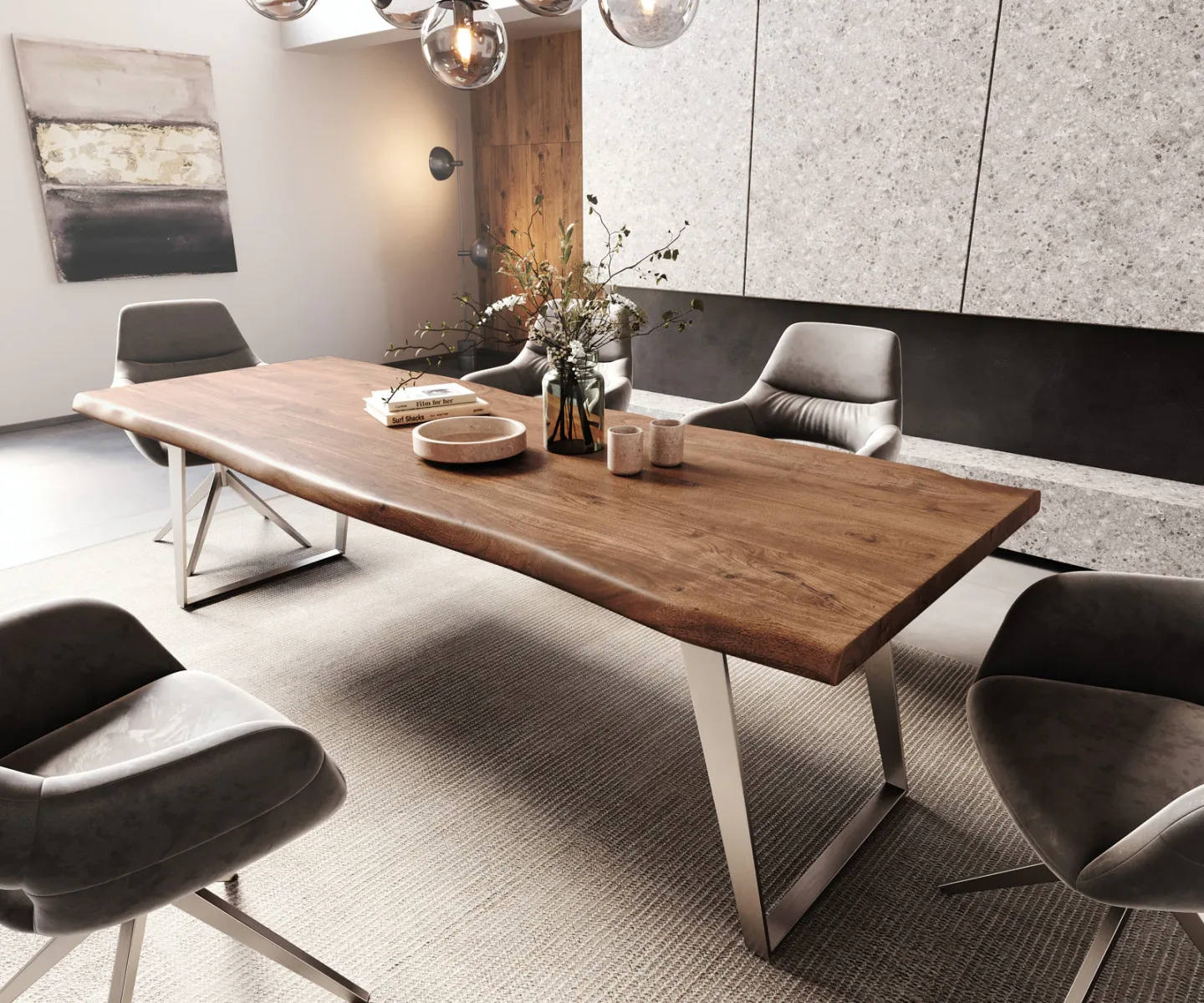 Esstisch Edge 260x100cm XL Akazie Braun Edelstahl Silber schräg Live-Edge