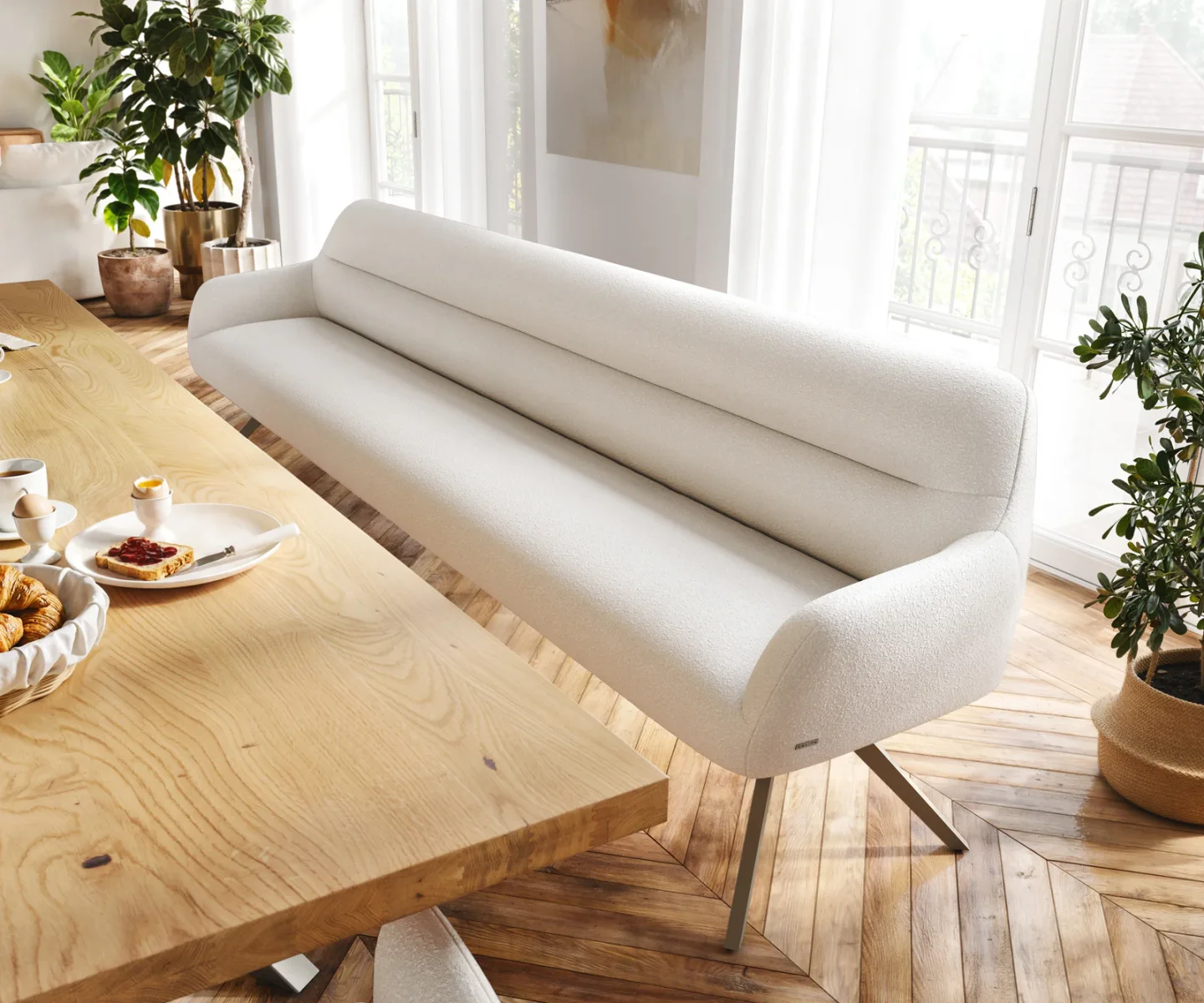 Esszimmerbank Taya-Flex 300 cm Bouclé Creme-Weiß Kreuzgestell kantig Effektfinish Titan Taschenfederkern