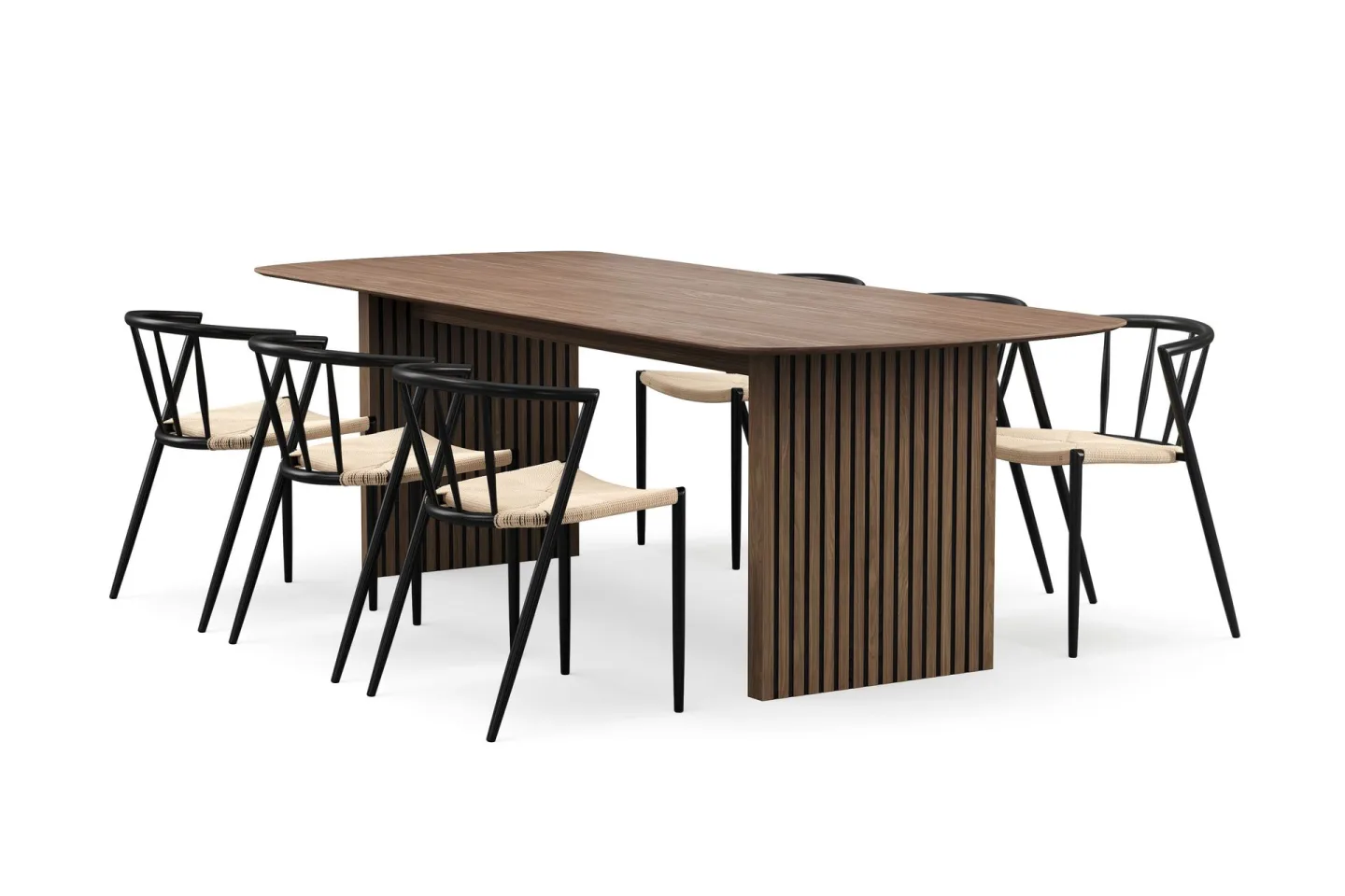 Richeto Matbord 240 cm med 6 Winston Matstolar - Rökt ek / Beige / Metallben Svart