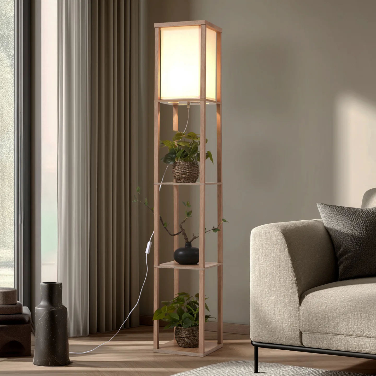 Birta gulvlampe, træfarvet/hvid, reol, træ - Lindby - Stue - Moderne - Kantet